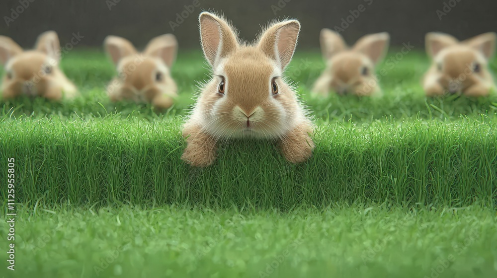 Obraz premium Adorable Rabbits Peeking from Lush Green Grass Spring Easter Bunnies Cute Pets