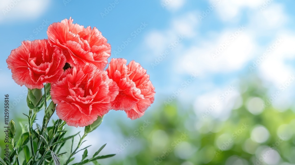 Three vibrant coral carnations against a blurred sky and green background. Three vibrant coral carnations against a blurred sky and green background.