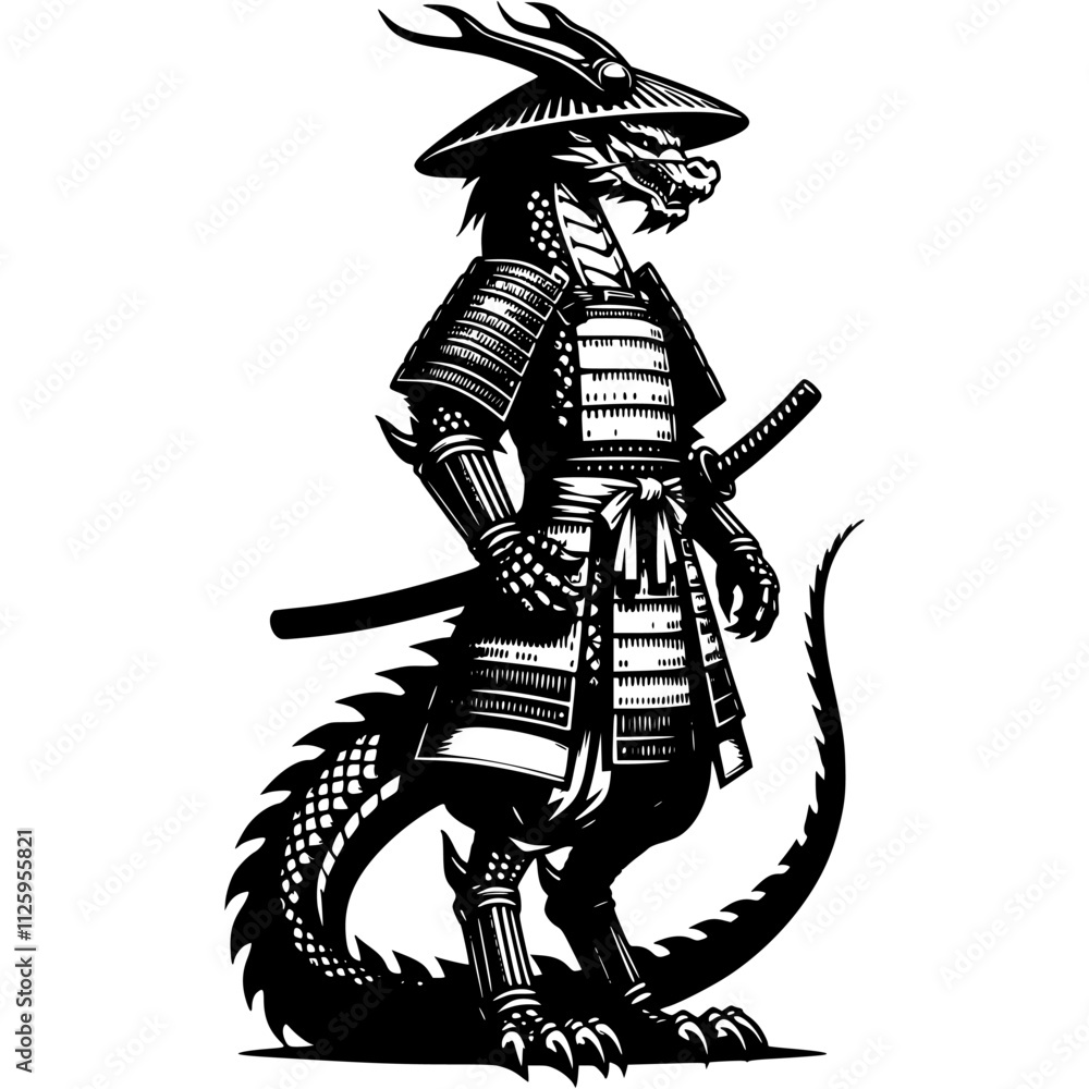 Fototapeta premium Samurai warrior in armor dragon stands in fighting stance with katana sword in monochrome. Wild reptile animal. Tattoo minimalistic vector in black ink drawing on transparent background