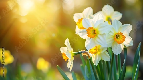 A bright bouquet of daffodils in a sunny garden photo