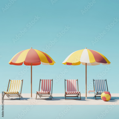 Colorful Beach Chairs and Umbrellas by the Sea