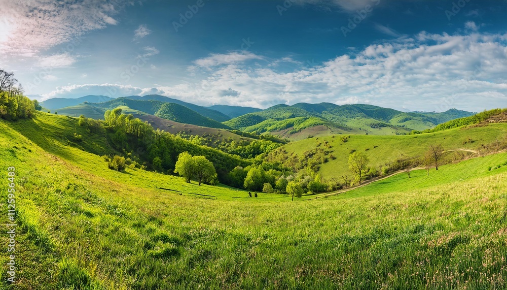 A beautiful landscape of green grass and mountains under a blue sky with clouds and a peaceful rural view A beautiful landscape of green grass and mountains under a blue sky with clouds and a peaceful rural view
