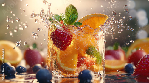 Fruity refreshment splashes in a glass under warm sunlight