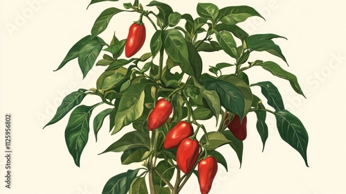Vibrant Red Jalapeno Peppers Plant Botanical Illustration