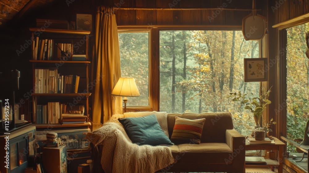 Fototapeta premium Embrace autumn serenity cozy cabin retreat in the woods vintage aesthetic warm tones soft lighting evoking comfort