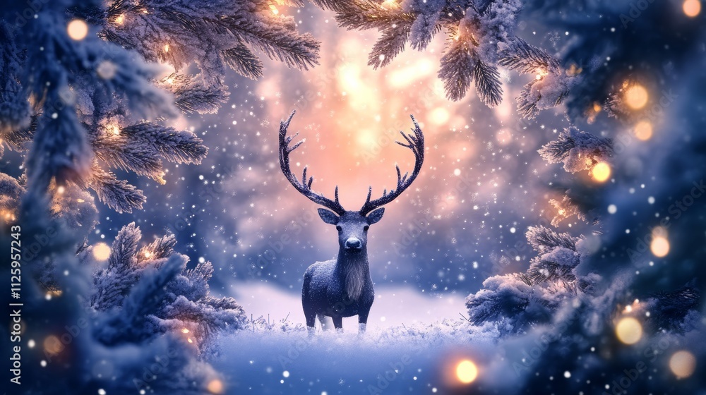 christmas banner with magical scene of a reindeer in center background concept christmas banner with magical scene of a reindeer in center background concept