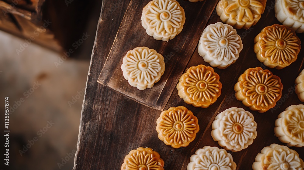 Assorted mooncakes arranged on wooden board. Assorted mooncakes arranged on wooden board.
