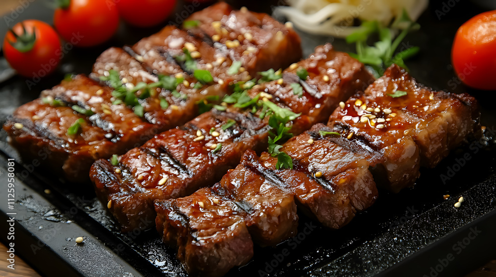Grilled beef served with tomatoes. Grilled beef served with tomatoes.