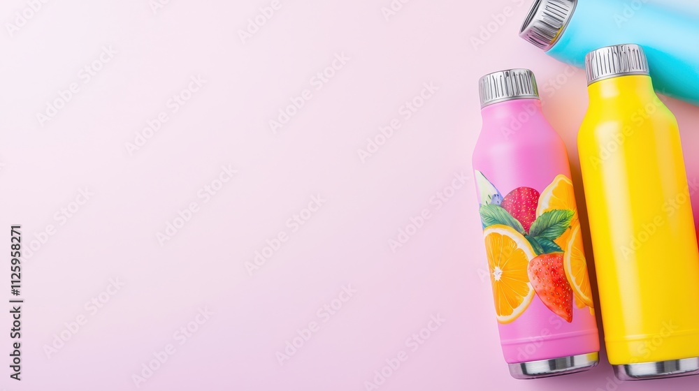 Colorful insulated bottles with fruit designs on pink background. Colorful insulated bottles with fruit designs on pink background.