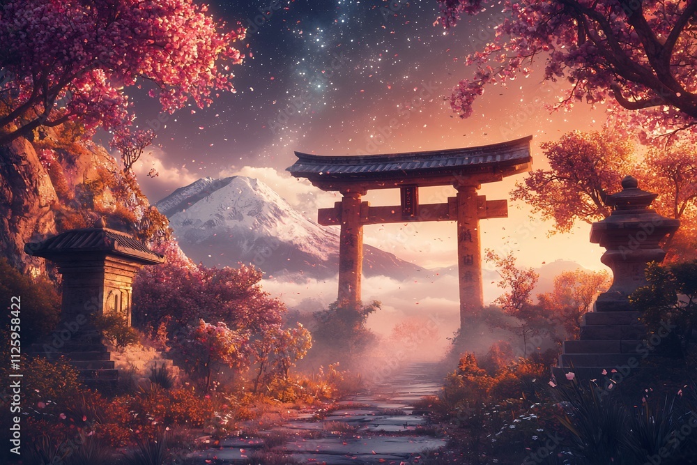 Serene Japanese Torii Gate in Tranquil Landscape Serene Japanese Torii Gate in Tranquil Landscape