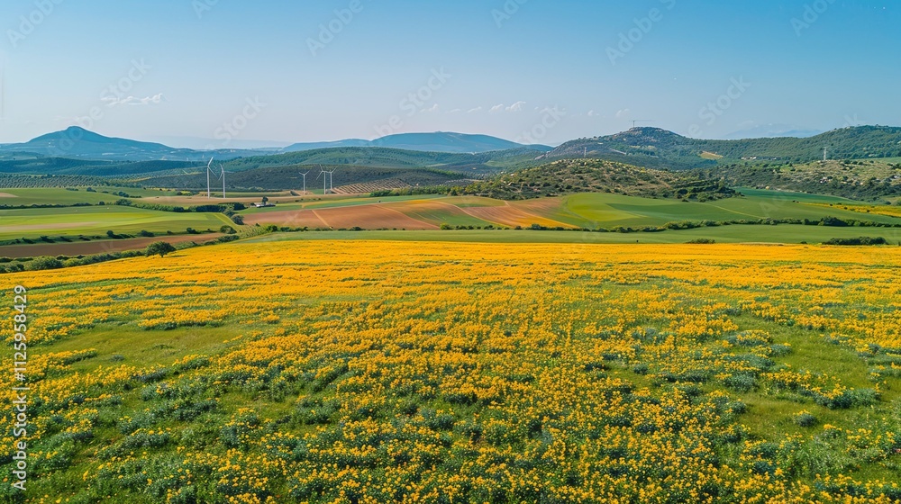 Fototapeta premium Vibrant Yellow Wildflowers Bloom in Rolling Hills Under Blue Skies, Wind Turbines in Distance