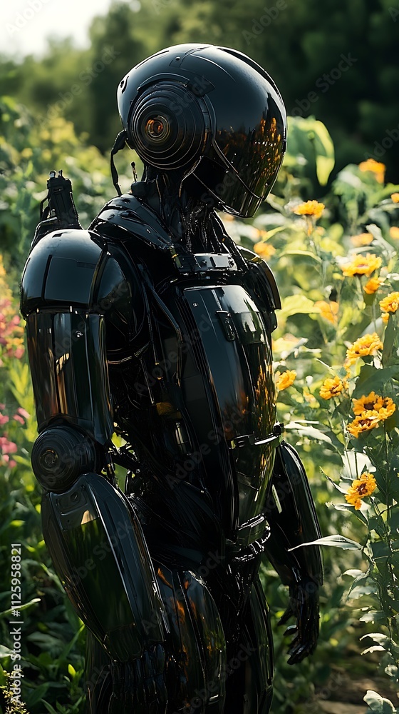A sleek black robot stands amidst vibrant flowers in a garden setting. A sleek black robot stands amidst vibrant flowers in a garden setting.