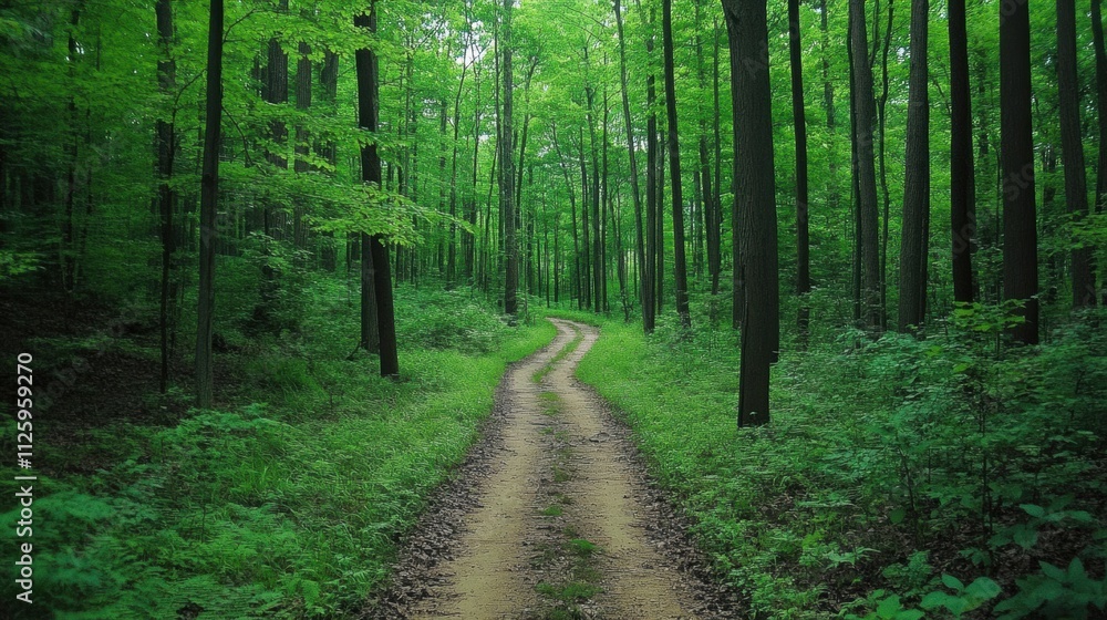 Obraz premium A winding pathway invites exploration through dense woods, surrounded by lush greenery and towering trees under soft sunlight. Generative AI