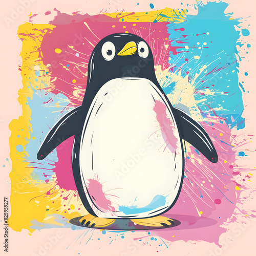 A cartoon penguin is standing in a colorful background photo