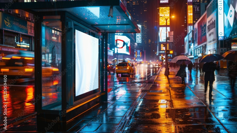 Create a nighttime urban scene focusing on a modern bus stop, The primary element is a brightly lit Create a nighttime urban scene focusing on a modern bus stop, The primary element is a brightly lit