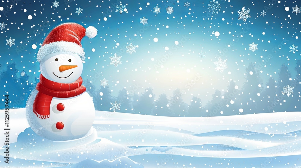 Fototapeta premium Festive Snowman in Santa Hat and Red Scarf Amidst Falling Snow