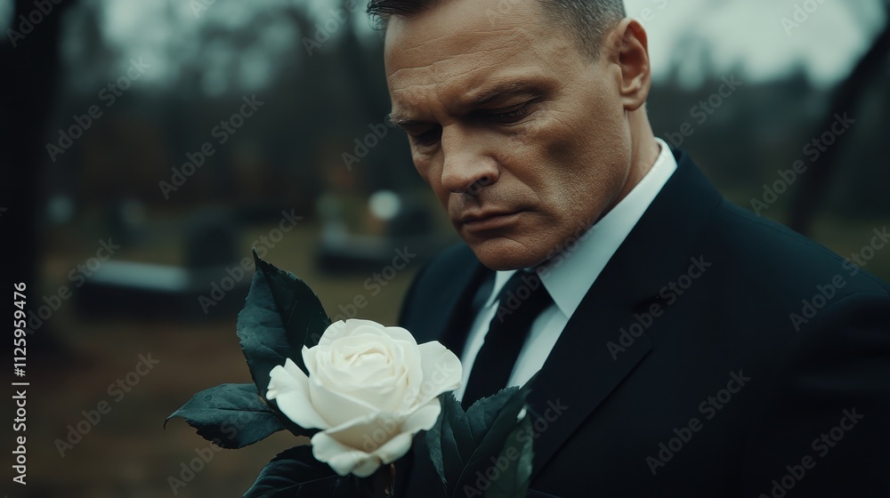 Man in black suit holds white rose, somber expression. Photo depicts grief, loss, or remembrance at a cemetery. Man in black suit holds white rose, somber expression. Photo depicts grief, loss, or remembrance at a cemetery.