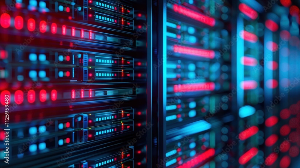 Data center with illuminated servers in blue and red lights. Data center with illuminated servers in blue and red lights.