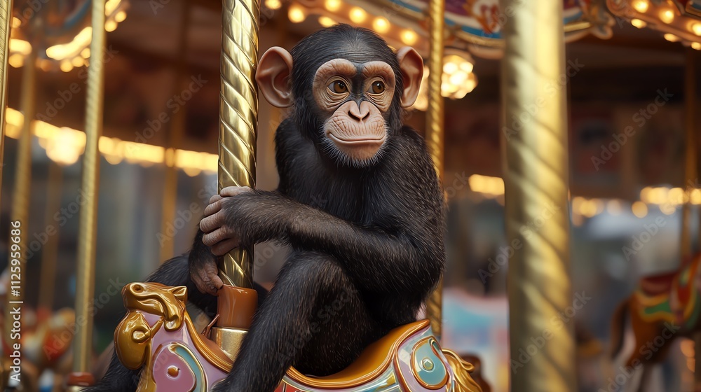 A cute monkey enjoying a carousel ride, showcasing playful moments at an amusement park. A cute monkey enjoying a carousel ride, showcasing playful moments at an amusement park.