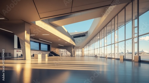 Wallpaper Mural A spacious airport terminal with a large blank screen and panoramic windows offering a view of aircraft and blue skies, creating a modern travel ambiance. Torontodigital.ca