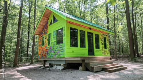 Bright Green Tiny House in Forest Clearing