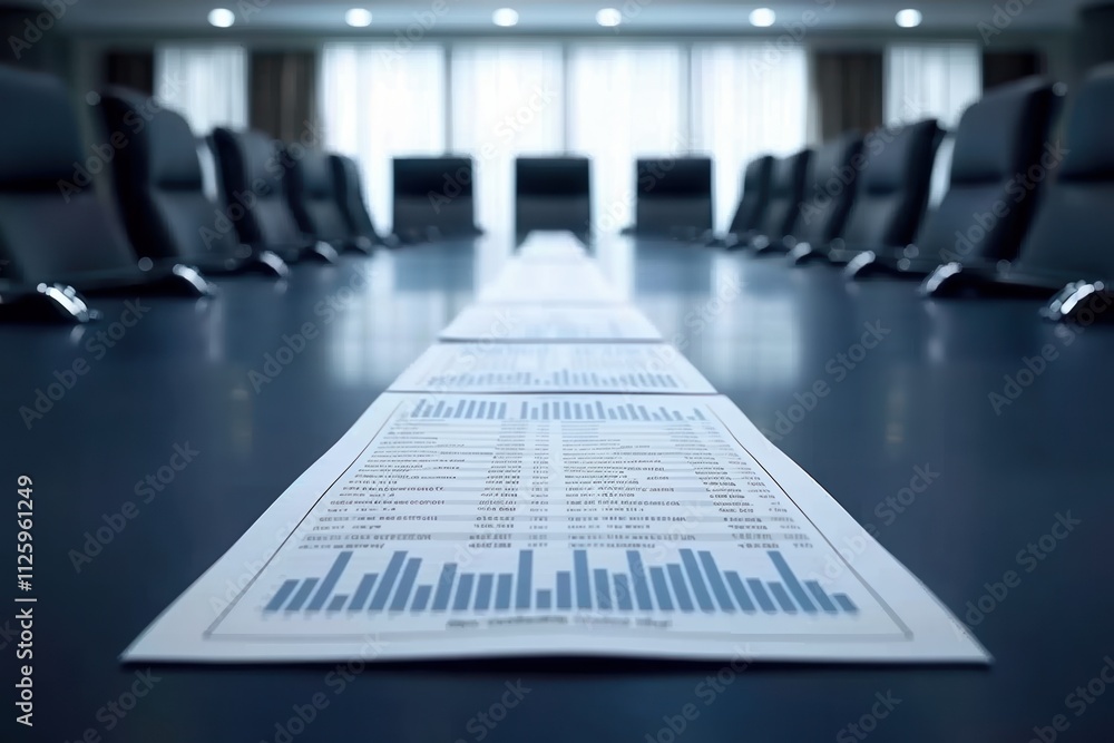 Fototapeta premium Conference table with financial reports in a modern meeting room.