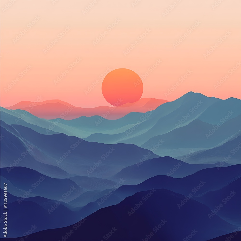 Fototapeta premium Serene sunset over layered mountains, soft pastel colors.
