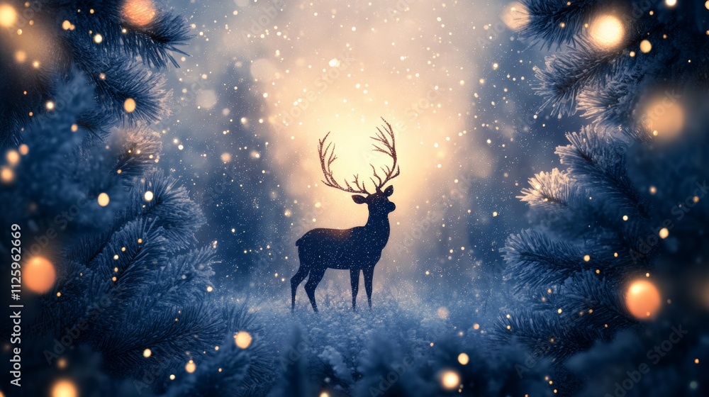 christmas banner with magical scene of a reindeer in center background concept christmas banner with magical scene of a reindeer in center background concept