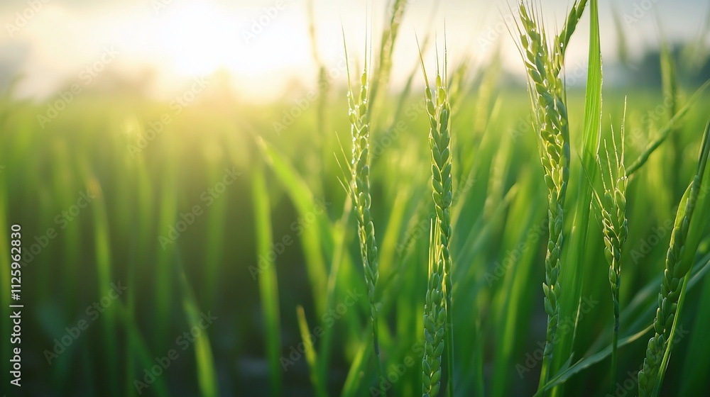 Obraz premium Lush green rice paddy field at sunset.