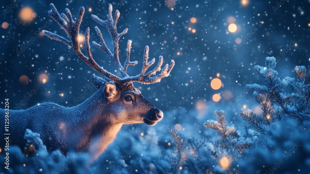 christmas banner with magical scene of a reindeer in center background concept christmas banner with magical scene of a reindeer in center background concept