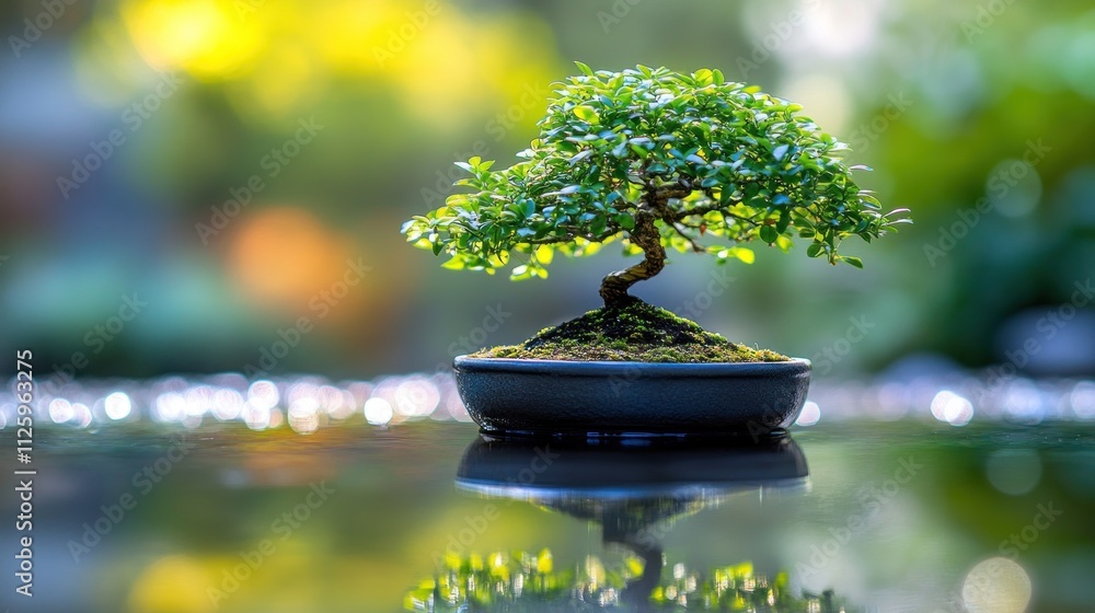 Miniature bonsai tree reflected in water. Miniature bonsai tree reflected in water.