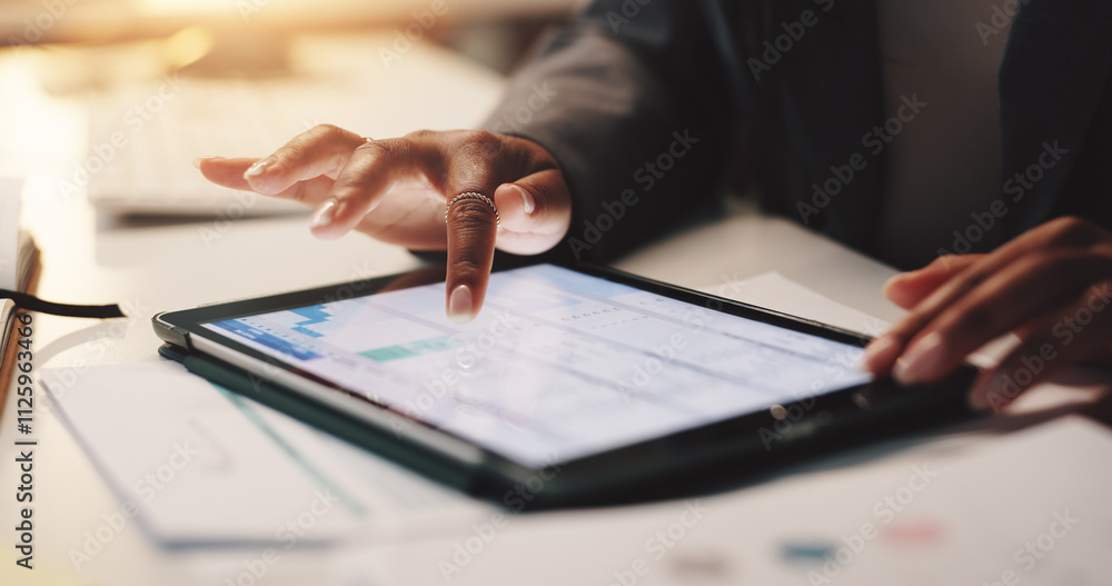 Person, hands and tablet screen in office for business, financial planning and data analysis at night. Woman, tech and software in company for schedule sheet, budget management and audit deadline Person, hands and tablet screen in office for business, financial planning and data analysis at night. Woman, tech and software in company for schedule sheet, budget management and audit deadline