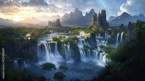 Cascading waterfalls at sunset lush mountains and greenery natural landscape peaceful environment serene view of nature