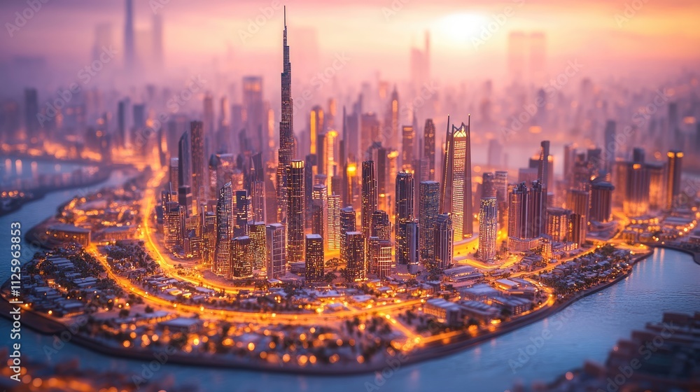 Architectural model of a futuristic city illuminated by soft sunset light, emphasizing detailed buildings and urban layout. Architectural model of a futuristic city illuminated by soft sunset light, emphasizing detailed buildings and urban layout.