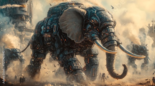 A futuristic robotic elephant leads a herd through a dusty landscape, blending nature and technology in stunning detail. photo