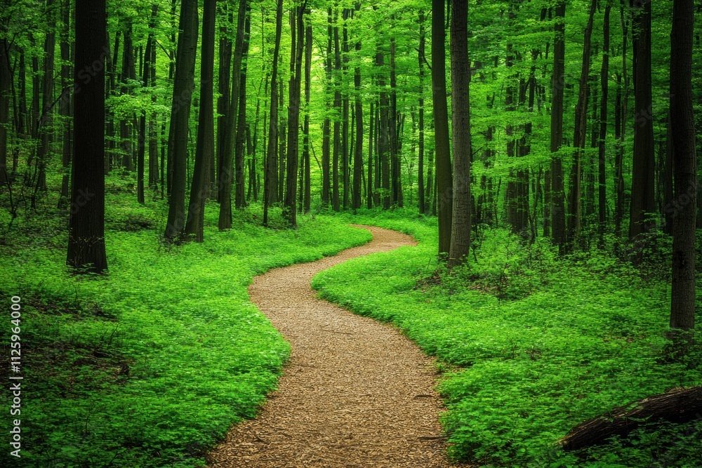 A winding pathway meanders through a vibrant forest filled with lush green trees and foliage, offering ample space for added text. Generative AI A winding pathway meanders through a vibrant forest filled with lush green trees and foliage, offering ample space for added text. Generative AI