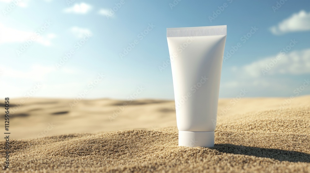 Blank white tube of sun cream on a sunny beach, with a bright sky and sand, highlighting product for advertising purposes. Blank white tube of sun cream on a sunny beach, with a bright sky and sand, highlighting product for advertising purposes.