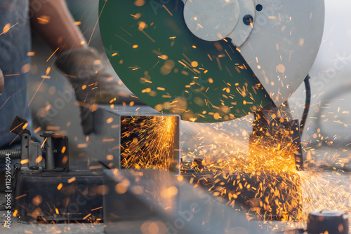 Photos Worker cutting steel pipe in construction site.