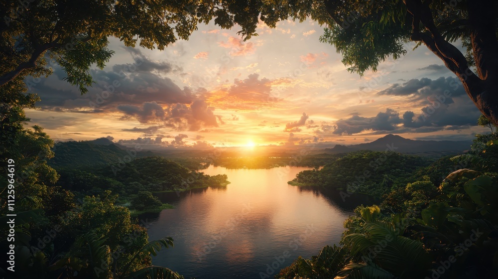Fototapeta premium Captivating sunset reflected in a serene lake nature photography lush landscape tranquil viewpoint vibrant colors and peaceful atmosphere
