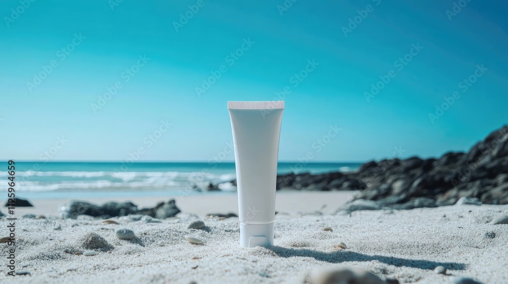Close-up of an empty white sunscreen tube on a beach, against a vibrant blue sky and sunny weather for an advertising shot. Close-up of an empty white sunscreen tube on a beach, against a vibrant blue sky and sunny weather for an advertising shot.