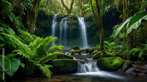Tranquility in the Rainforest:  A cascading waterfall,  surrounded by lush ferns and mossy rocks,  creates a serene and tranquil scene in the heart of the rainforest.