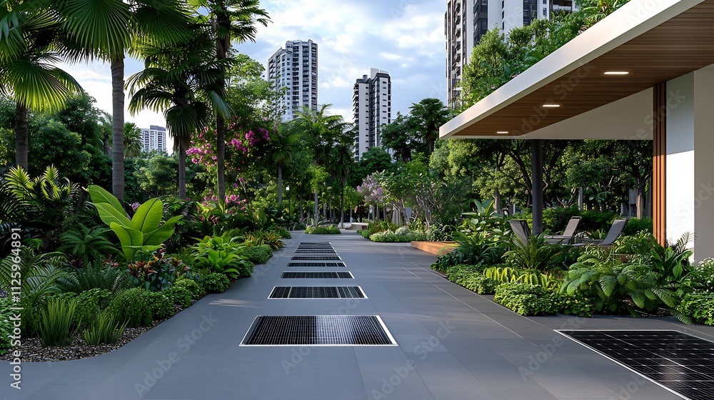 Futuristic Cityscape with Sustainable Green Infrastructure and Solar Pathways Futuristic Cityscape with Sustainable Green Infrastructure and Solar Pathways