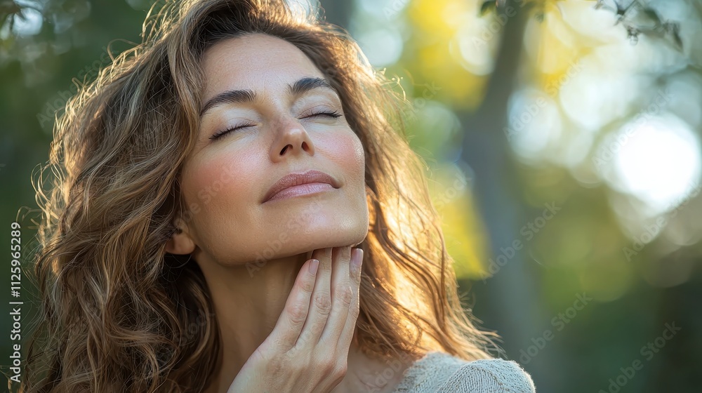 A serene moment captured outdoors, featuring a woman with curly hair gently touching her face, exuding a sense of peace and self-care. A serene moment captured outdoors, featuring a woman with curly hair gently touching her face, exuding a sense of peace and self-care.