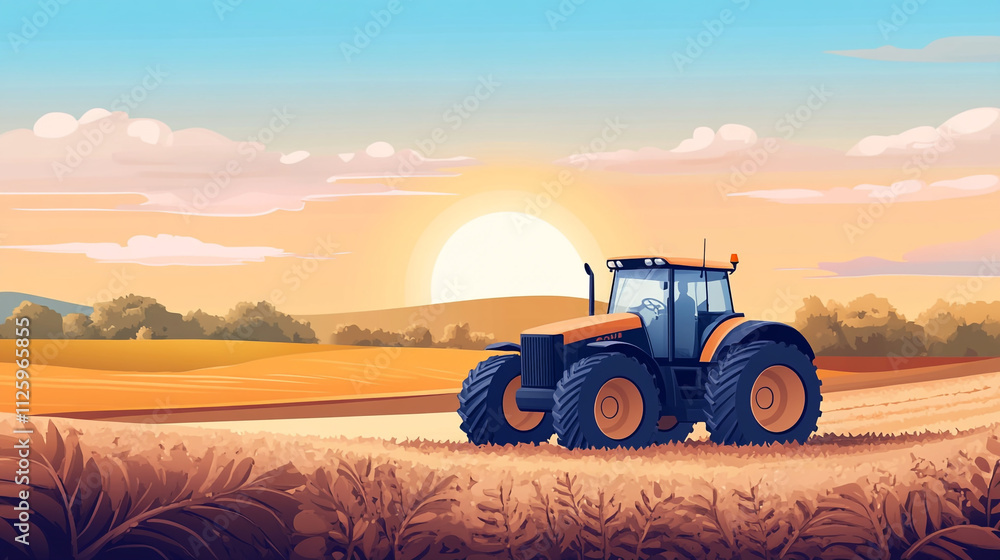 Fototapeta premium Tractor working in golden fields at sunset in a serene rural landscape
