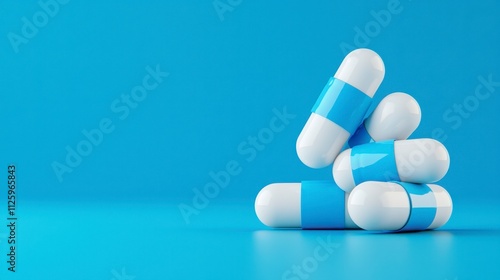 A stack of blue and white capsules rests on a bright blue surface, highlighting the pharmaceutical theme and modern design.