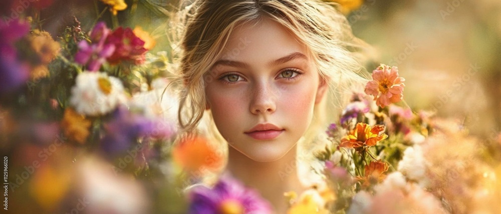 portrait of a young woman surrounded by vibrant flowers portrait of a young woman surrounded by vibrant flowers