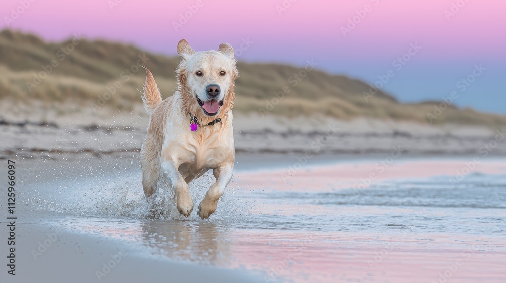 Happy Golden Retriever Running on Beach at Sunset Happy Golden Retriever Running on Beach at Sunset