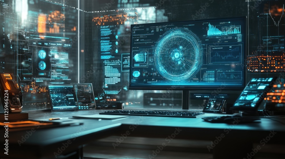 High-tech gadgets and devices on a modern desk, with a focus on cutting-edge technology. High-tech gadgets and devices on a modern desk, with a focus on cutting-edge technology.