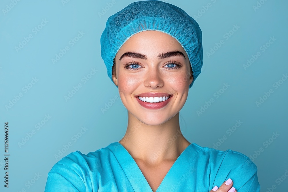 A smiling healthcare professional in scrubs and a surgical cap, exuding confidence against a light blue background. A smiling healthcare professional in scrubs and a surgical cap, exuding confidence against a light blue background.