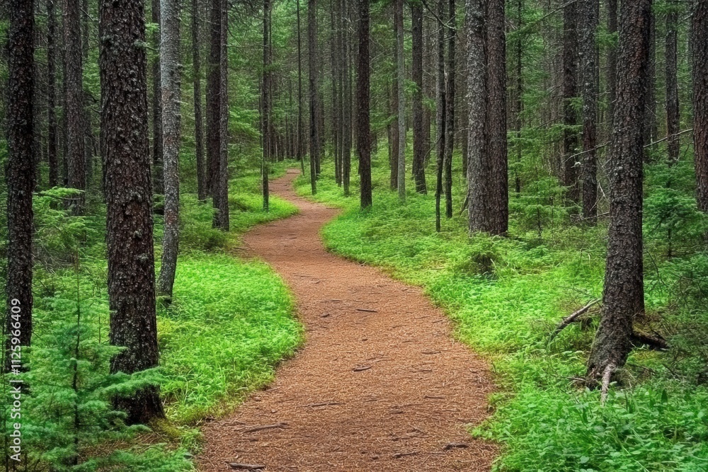 A winding pathway meanders through a dense forest, surrounded by tall trees and vibrant greenery, creating a peaceful atmosphere for nature lovers. Generative AI A winding pathway meanders through a dense forest, surrounded by tall trees and vibrant greenery, creating a peaceful atmosphere for nature lovers. Generative AI